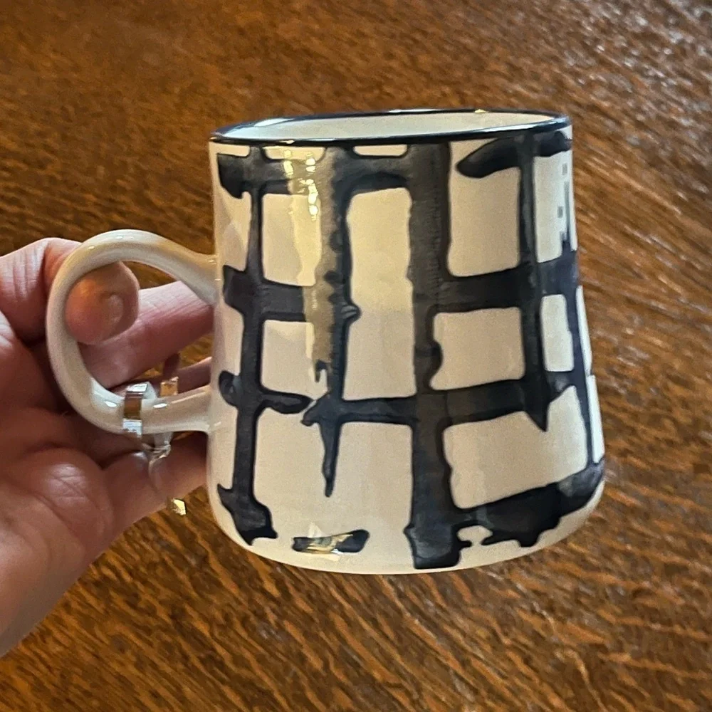Hand Painted Under Glaze White and Blue Abstract Ceramic Coffee Mug NWOB